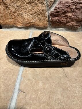 Alegria Black Patent Leather Clog Mule with Buckle
